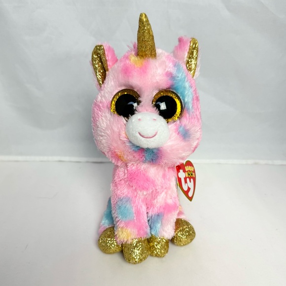 Ty Beanie Boo Pink Plush Unicorn Fluffy Fantasia Sparkly Gold Eyes Horn Feet NWT - Picture 2 of 11